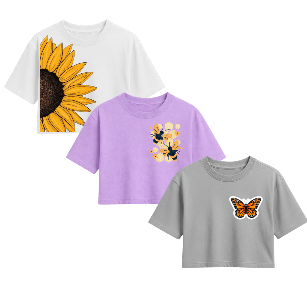 Vinta fashion present croptop in different flower theme -sunflower, flower with bees, butterfly